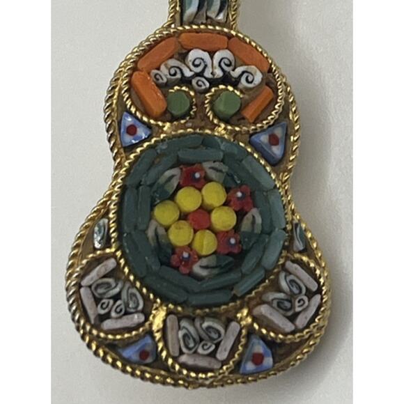 Vintage Italian Micro Mosaic Guitar Brooch Pin Tesserae Tile Italy in Gold Tone - Picture 2 of 8